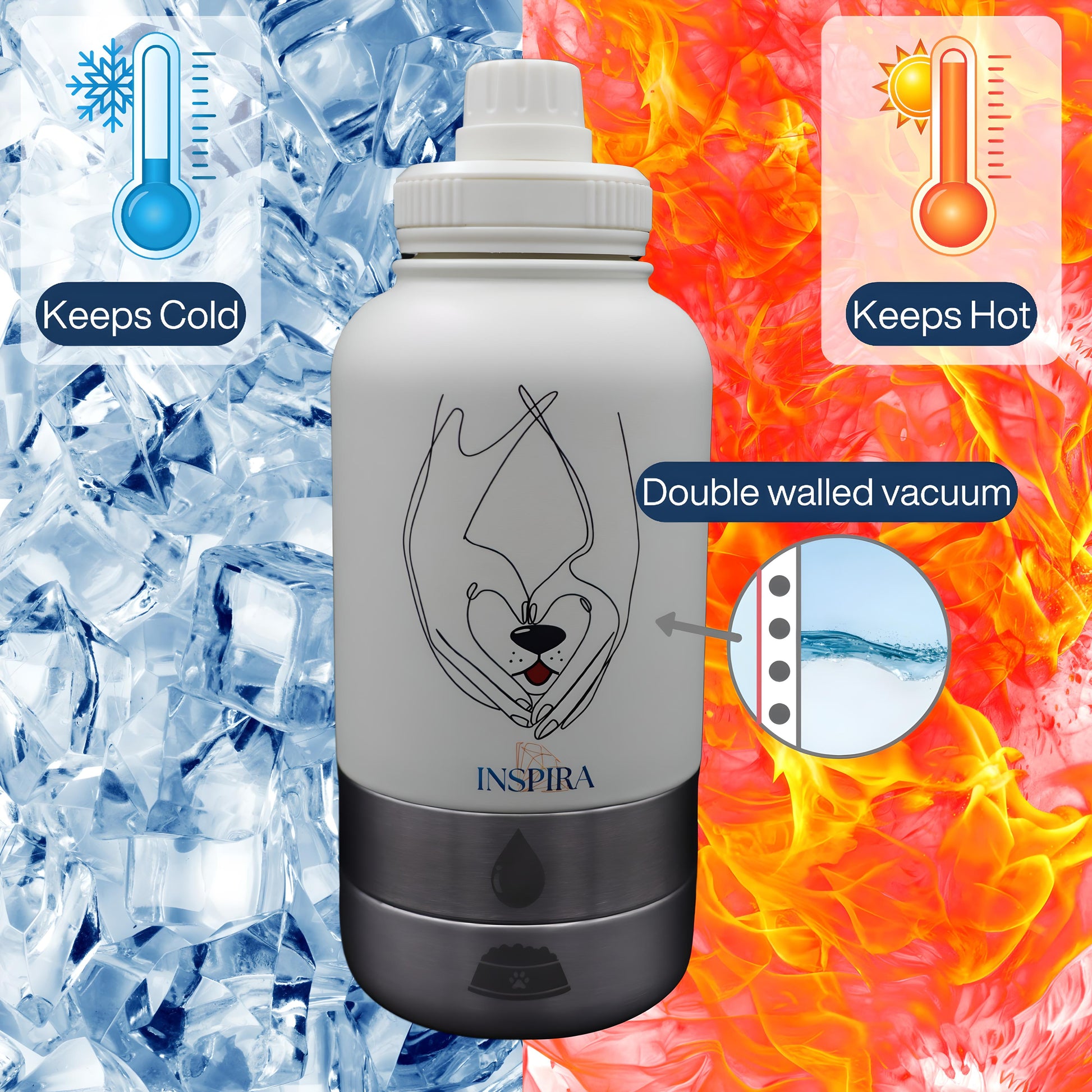 INSPIRA dog water bottle - for travel - water bottle for dogs on the go - with detachable bowls - with bowl attached - travel water bottle for dogs - 4-1 portable - dog travel water bottle - bottles.